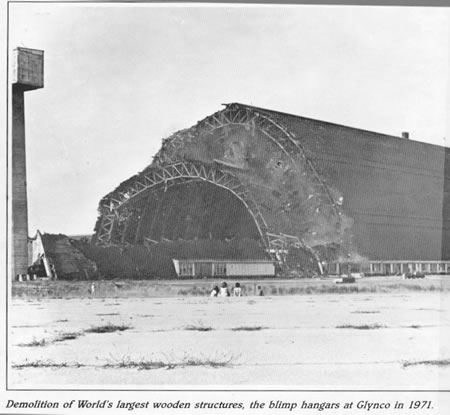 Demolition of World's largest wood structures, the blimp hangars at Glynco in 1971.