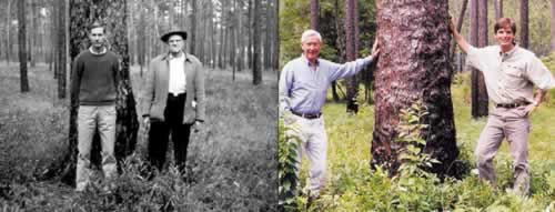 Left photo: Neel and lumber company owner N.F. Keadle on the Wade Tract in 1963.  Right: Neel and Beau Turner at Greenwood Plantation.. Right photo by Julie Neel.