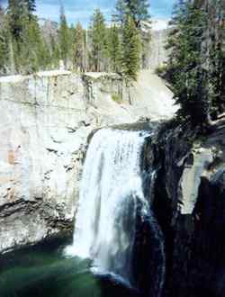 Throughout the summer, the San Joaquin River plunges 101 feet down Rainbow Falls, where rainbows form in the constant mist.