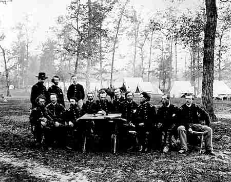 General George Thomas and a group of officers at war council near Ringgold, Georgia, May 5, 1864.