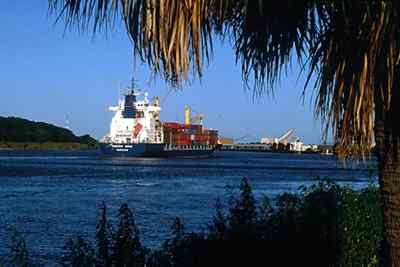 Huge cargo ships are frequent sights on the lower Savannah River.