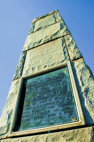 This monument for Indian Agent Benjamin Hawkins was erected in 1931 in the town of Roberta. Photo by Richard T. Bryant. Email richard_t_bryant@mindspring.com