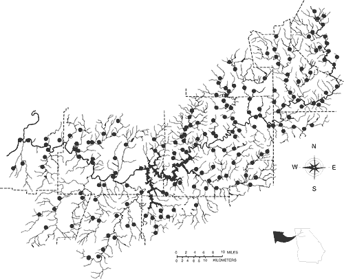 Figure 1. Distribution of fish collections made in the Etowah River from 1876 to present (some recent collections not shown); solid circles represent collection sites; county boundaries depicted by dashed lines.